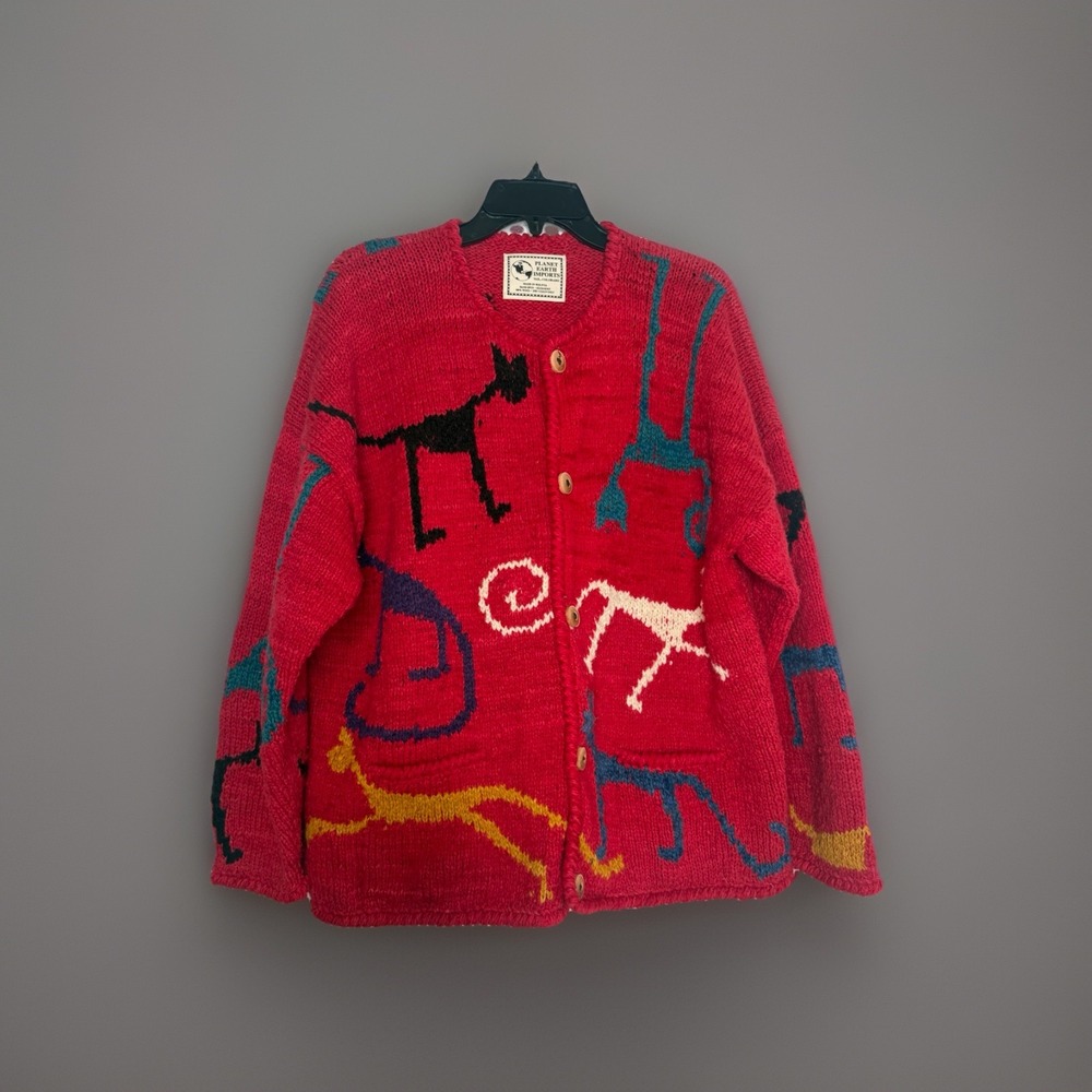 VTG Planet Earth Imports Hand Knit Sweater Large Cardigan Wool Folk Art Bolivia